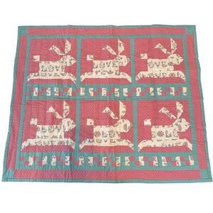 Handmade Bunny Rabbit Patchwork Quilt Pink Teal Nursery Wall Hanging 40x33"